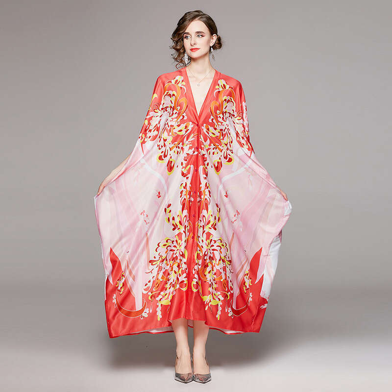 Beach Skirt, Spring and Summer Womens Clothing, Temperament, Printed Fashion, Versatile, One Line Neck, Loose Tie Up Dress Pregnant Womens Dress SKINN
