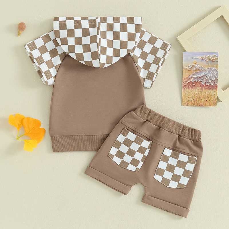 Clothing Sets 0-3Y Boys Clothing Sets Summer Short Sleeve Checkerboard Print Hooded Tops and Shorts Kids Clothes Casual Clothing Sets