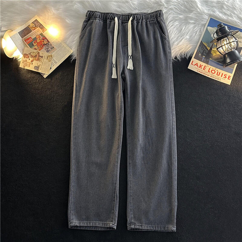Denim Men's Winter Baggy Straight Trousers High Street Ulzzang Handsome Elastic Waist Pure Color American Loose Pants