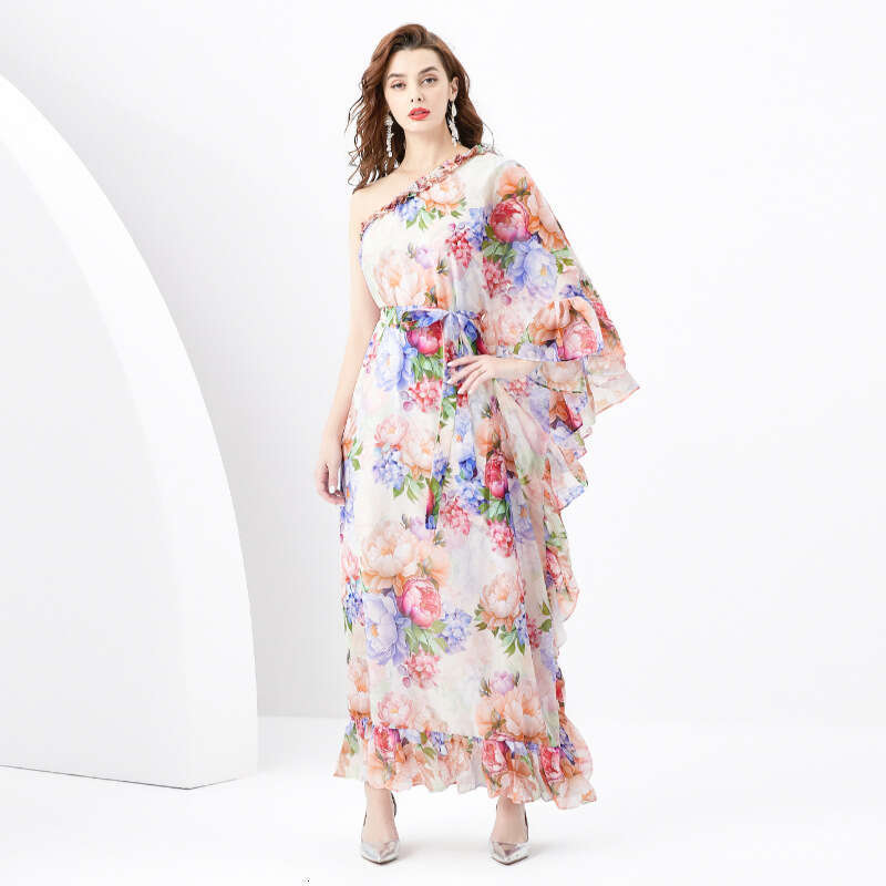 Spring/summer 2024- Vacation Style One Shoulder Wooden Ear Strap Long Wide Swing Printed Dress Novelty Loose Temperament Bifurcated Round Neck Dress B