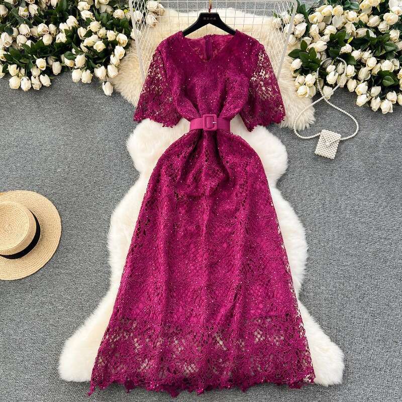 High End, Light Luxury, Sequin Embroidery Dress, Elegant, Slim Fit, Long Design, Hollow Out Lace Dress for Women Temperament Denim Dress High Waist Dr