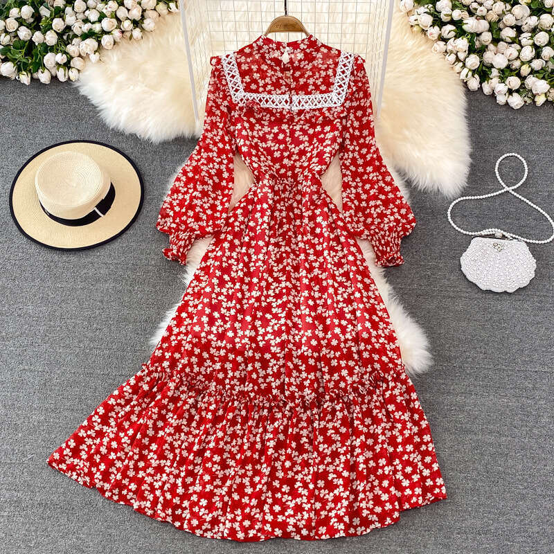 Spring and Autumn French Grand Swing Long Super Fairy Fragrant Flower Skirt Lantern Sleeve High Waist Look Skinny Lotus Leaf Edge Stand Up Collar Dres