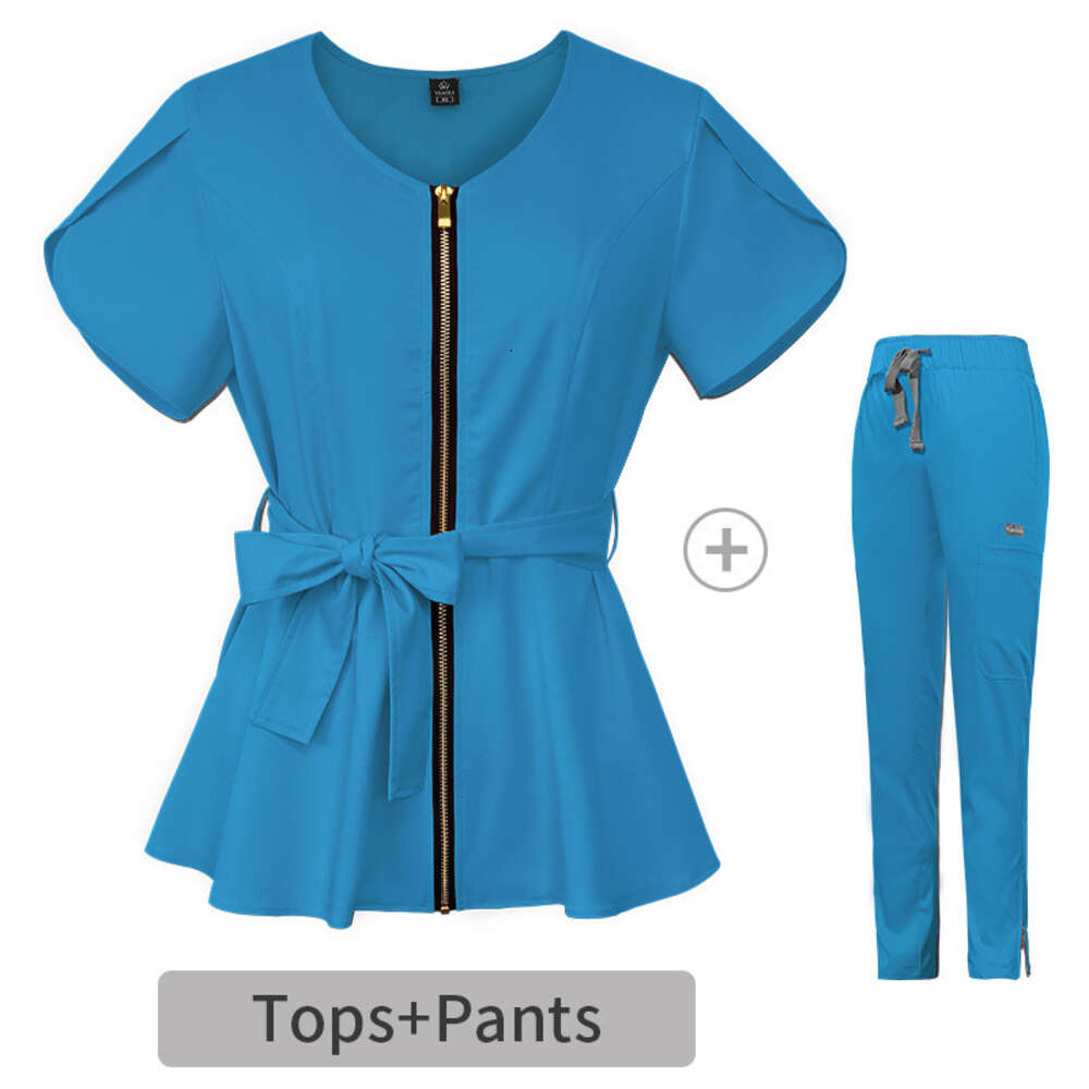 Strap waist collection surgical women's split body set, hospital short sleeved brush suit, elastic nurse hand wash suit F717#99 26689a