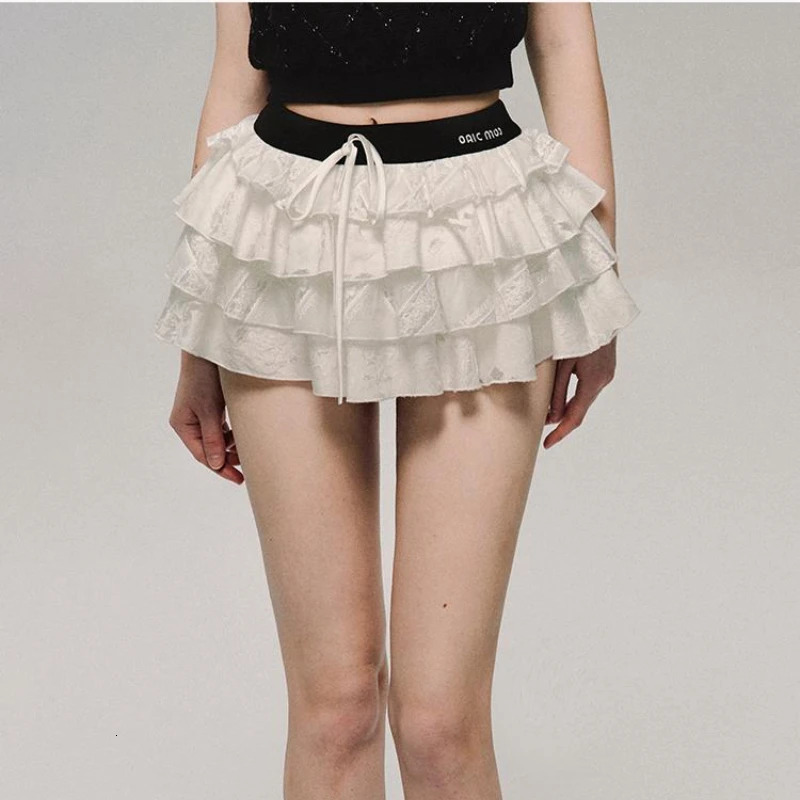 Deeptown Kawaii Sexy Ruffle White Mini Skirt Fairycore Cake Pleated Lace Up Short Skirts Coquette Casual Layered Patchwork Skirt 240710