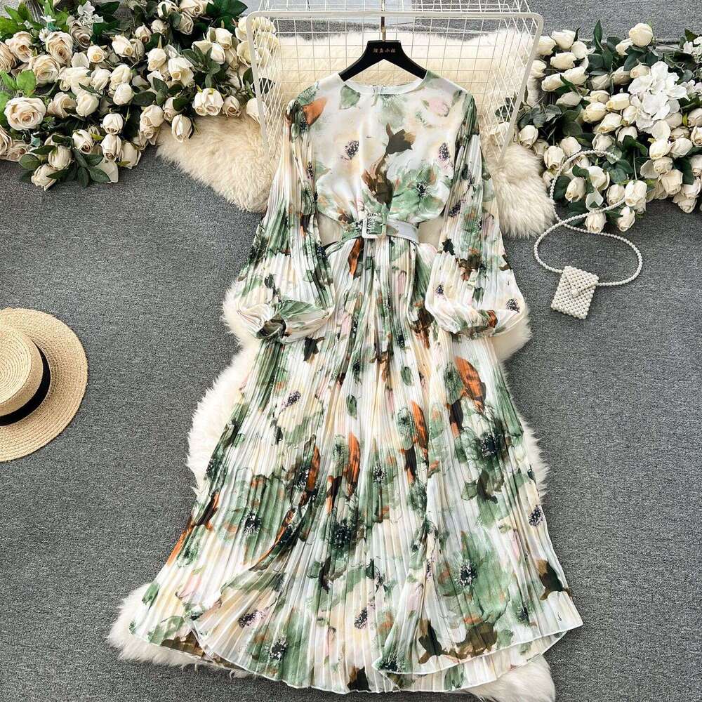 French Kikyu Skirt Spring 2024 New Heavy Industry Pressed Bubble Sleeves Slim Fit Mid Length Hundred Pleated Chiffon Dress Bifurcated Waist Denim Dres