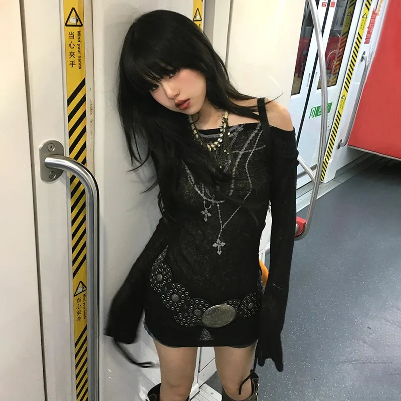 Karrram Japanese Y2k Knitted Tops Grunge Tattoo Print Long Sleeve T-shirt Ribbed Vintage Harajuku Shirring Knitwear 2000s Gothic 240716