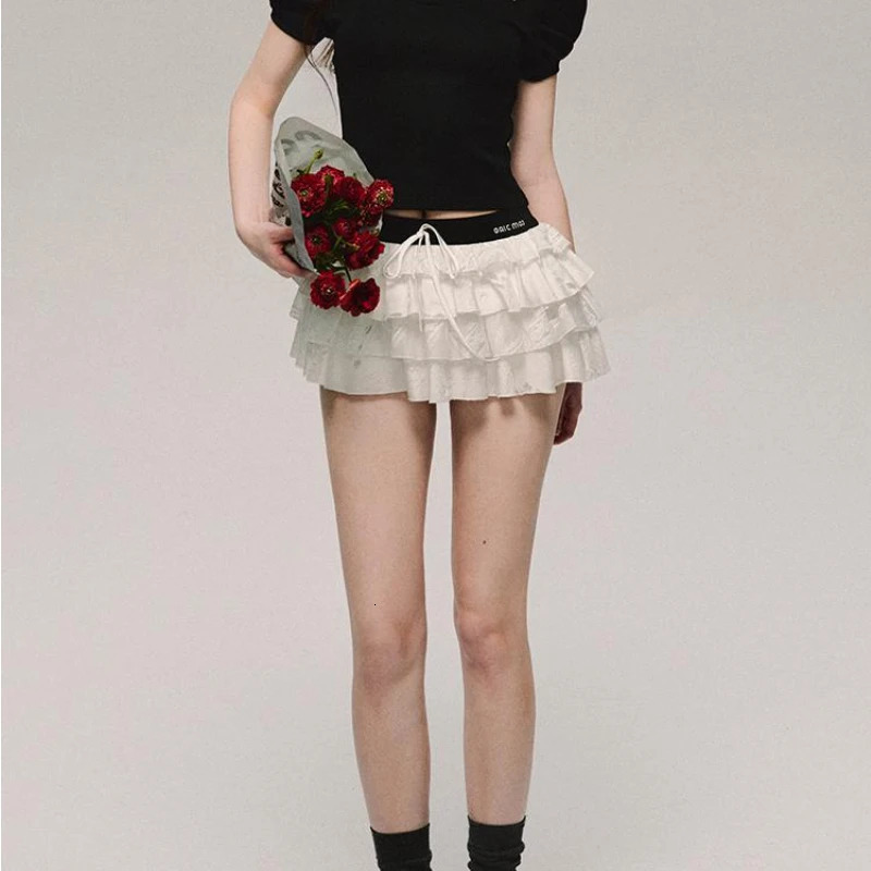 Deeptown Kawaii Sexy Ruffle White Mini Skirt Fairycore Cake Pleated Lace Up Short Skirts Coquette Casual Layered Patchwork Skirt 240710