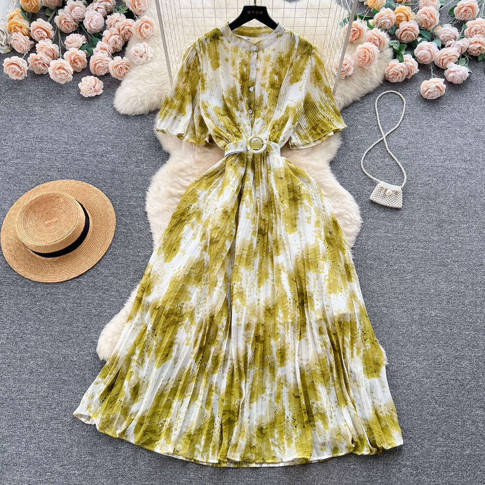 Light Luxury Elegant Round Neck Short Sleeved Halo Dyed Chiffon Dress for Women in Summer, with Slim Waist and A Large Hem Long Skirt Pregnant Womens 