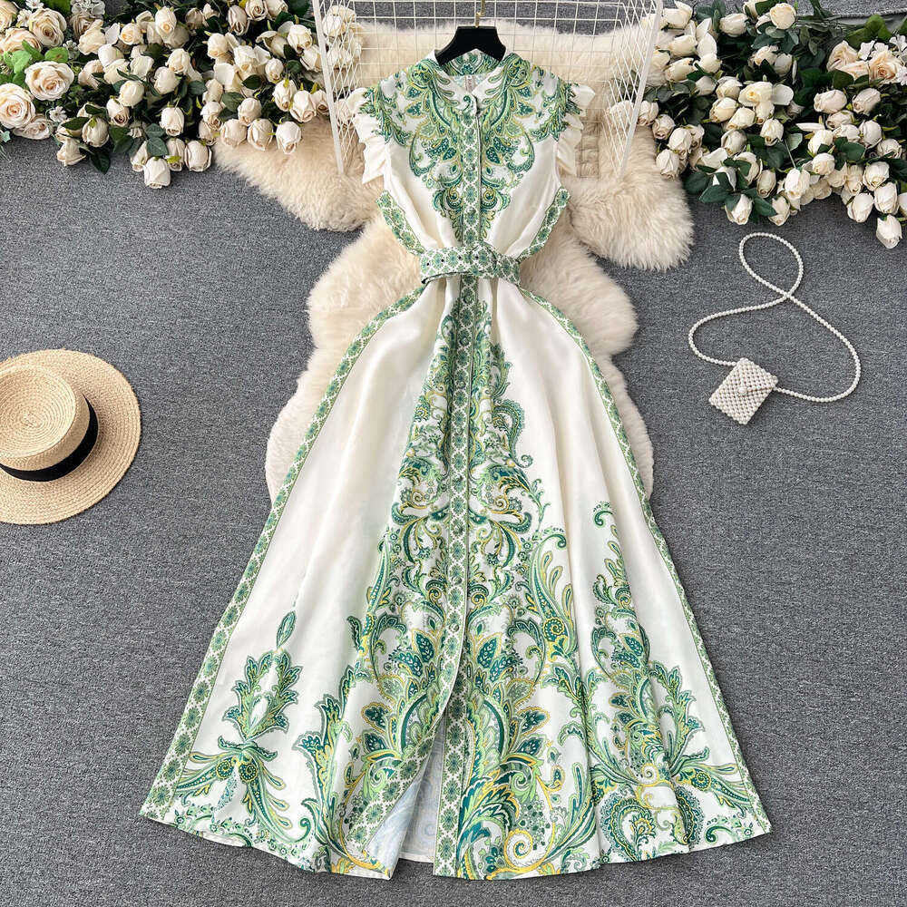 Wind High-end Printed Sleeveless Dress for Womens Summer New Collection Waist, Large Hem, Open Neck, Long Skirt Bifurcated Oversize Dress Silk Dress