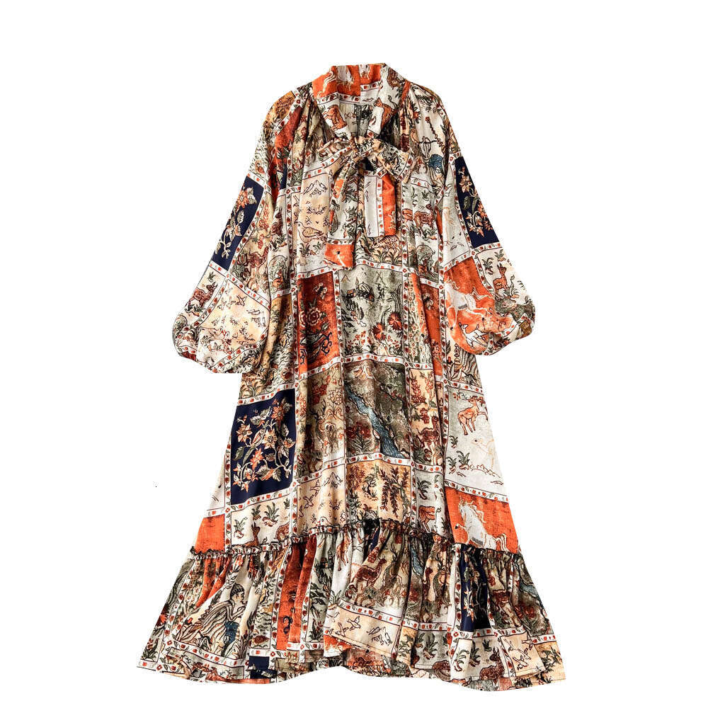 Personalized Print Design Sense, Niche Lantern Sleeves, High Neck Temperament, Heavy Industry Loose Fitting Dress, Knee Length Skirt Pregnant Womens D