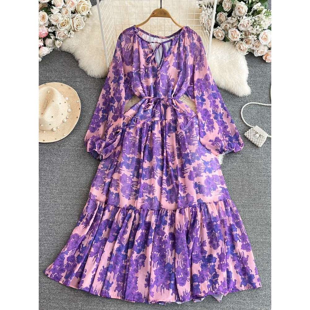 Summer French Tea Break Big Swing Skirt Gentle Style Long Sleeved V-neck Waist Cinching for Slimming A-line Ruffle Edge Printed Dress Denim Dress Silk