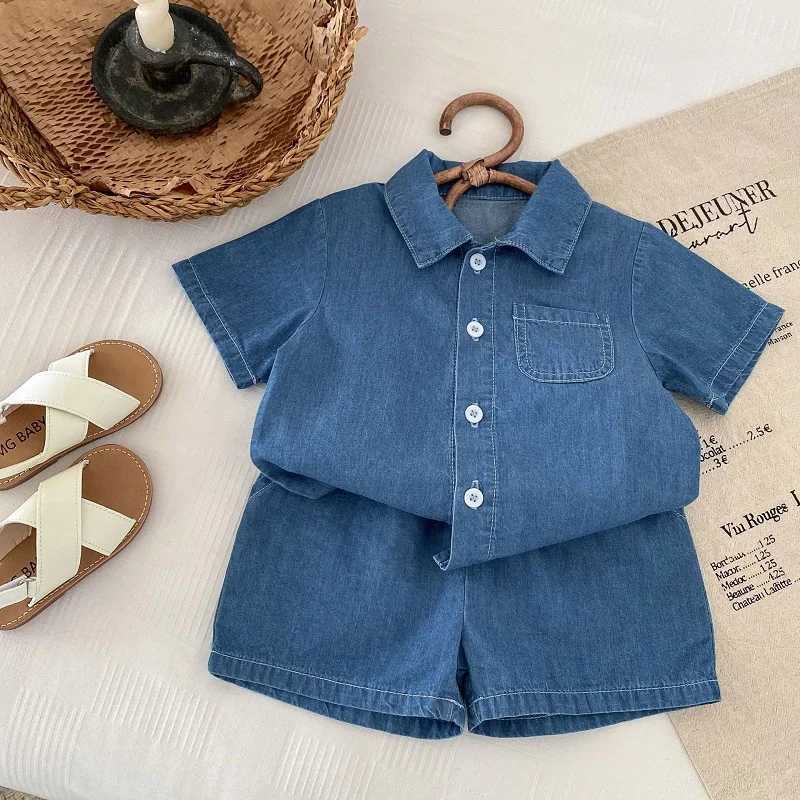 Clothing Sets Summer childrens denim short sleeved set 0-6-year-old baby solid color denim shirt and shorts two-piece casual sportswear set