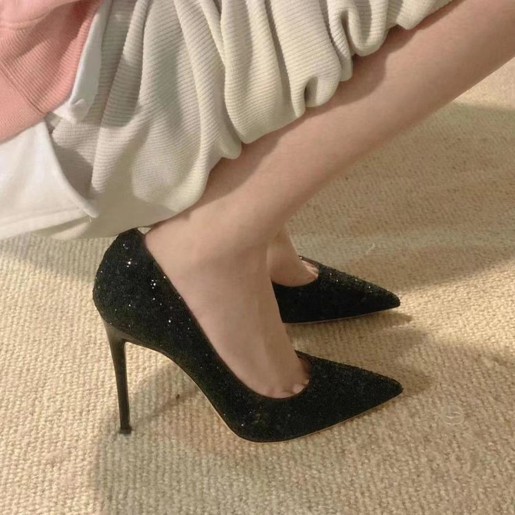 Women 2024 new Europe and the United States wind high with shallow mouth pointed shiny sequins sexy thin high heels single shoes