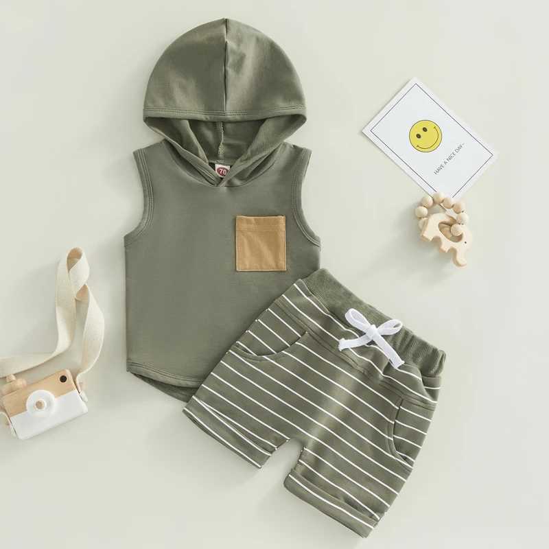 Clothing Sets Toddler Boys Summer 2PCS Outfit Cotton Baby Boys Costume Sets Sleeveless Hooded Tank Tops + Striped Drstring Shorts 0-3Y