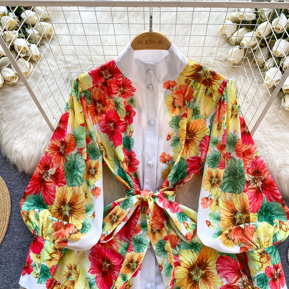 Fanhua Series Palace Style Spring Dress, Womens Design, Printed Slim Fit Short Style, High-end Small Dress Gift Loose Short Bifurcated Round Neck Dres
