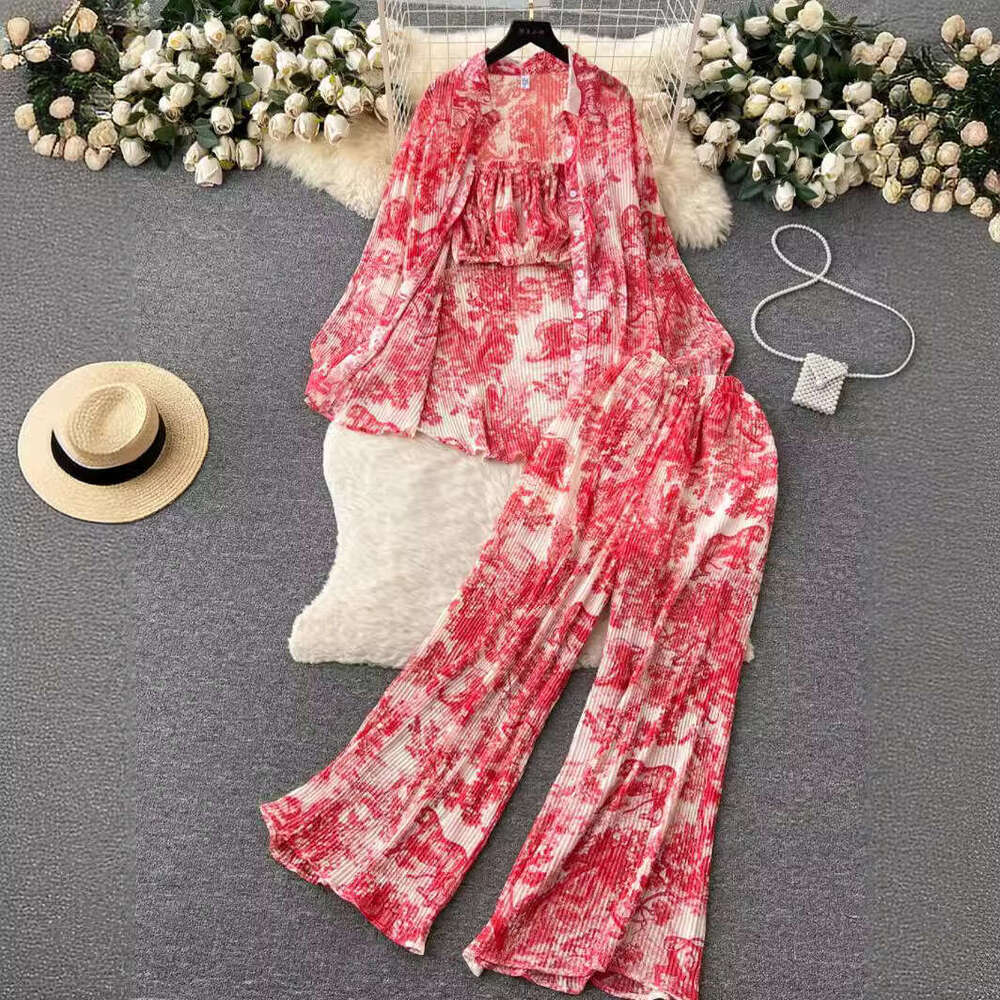 Dopamine Sister Pure Desire Fashion Set Women's Spring/summer Loose Pleated Shirt+bra+draping High Waist Pants Long Summer Dress Novelty Waist Ov