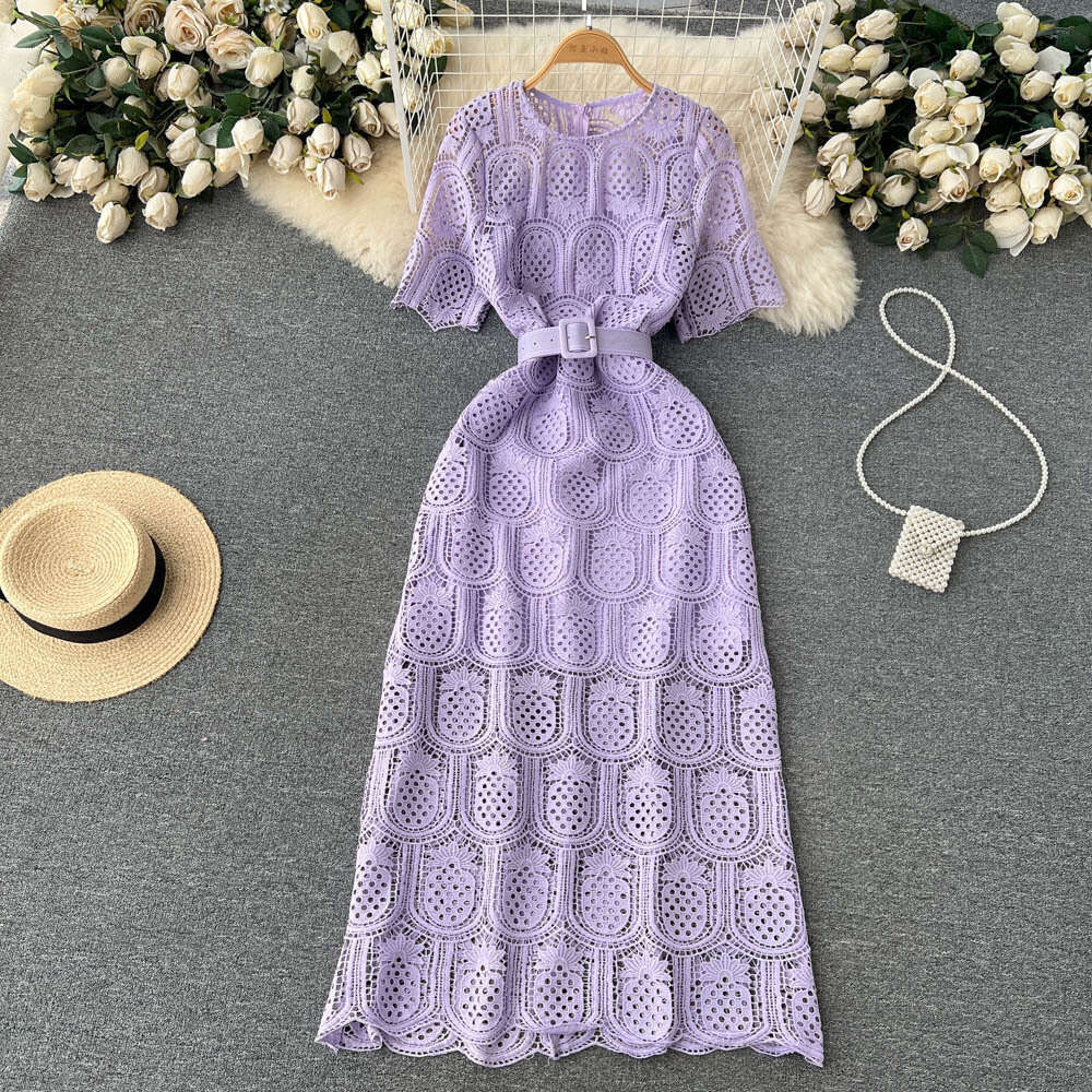 Summer Outfit New Hollow Out Temperament Socialite Fashionable Round Neck Lace Dress Womens Short Sleeved Hook Flower Waist Long Skirt Waist Oversize 