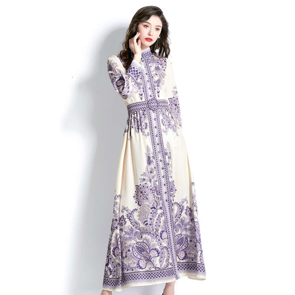 Hot Selling Spring/summer 2023 Womens Palace Vacation Style Stand Up Collar Lantern Sleeves Long Printed Dress Sexy Temperament Round Neck Dress SKINN