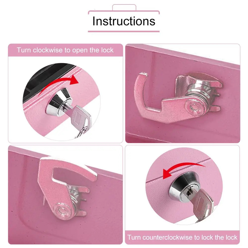 Roze Veilig Spaarpot Cash Register Insert Lade Kassier Lade Opslag Mini Draagbare Stalen Afsluitbare Cash Kluis Beveiliging Box 240715