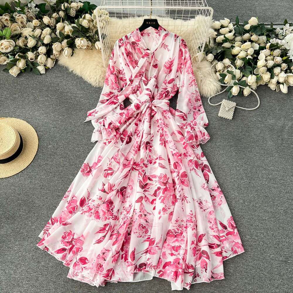 French and Elegant Dressing Spring Lace Up Bow Neck Slim Fit Long Swing Chiffon Vacation Dress Sexy Dress Self-cultivation Novelty High Waist Dress