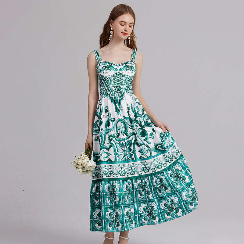 Vacation Style Blue and White Porcelain Beautiful Camisole Long 2023 Summer New Waistband Pressed Pleated Commuting Printed Dress Novelty Short Denim 