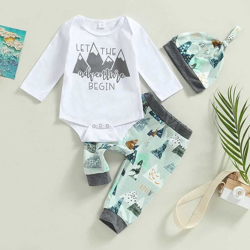 Clothing Sets Baby Boys Fall Clothes Outfit Letter Mountains Print Crew Neck Long Sleeve Romper Elastic Waist Long Pants Hat 3Pcs Set
