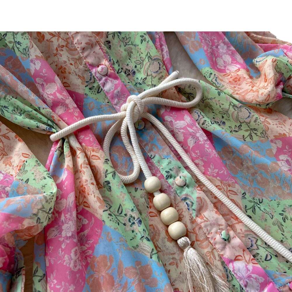 Spring and Autumn Seasons Thin Sleeved Standing Neck High End Printed Chiffon Womens Loose Lace Up Waist Holiday Long Dress Self-cultivation Silk Dres
