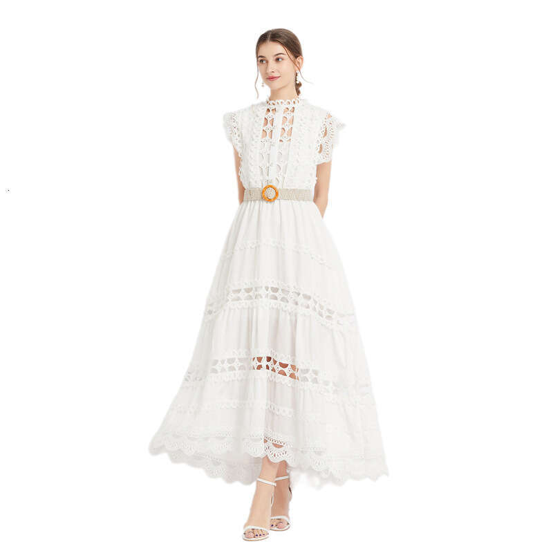 Heavy Industry Design Solid Color Long Fashionable Standing Neck Sleeveless Hollow Out Dress Without Sling Bifurcated Temperament Short BOHO DRESS