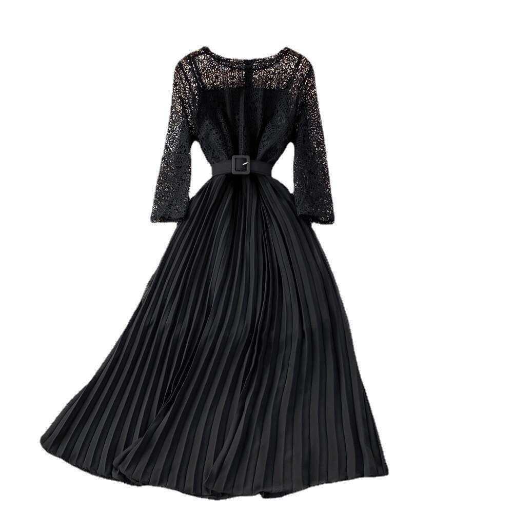 Feminine Socialite Temperament, High Waisted Slim Round Neck with Lace Patchwork Pleats, A-line Dress, Elegant and Large Hem Skirt Round Neck Dress