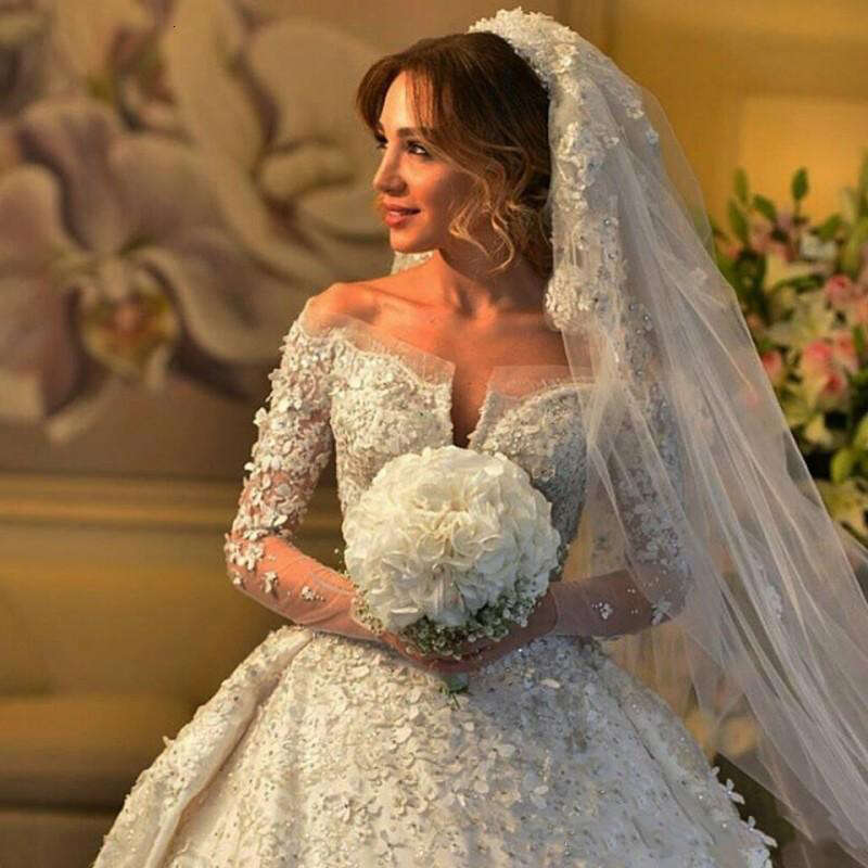 Wedding Dresses Off Shoulder V Neck Full Lace Applique Beaded Sheer Long Sleeve Bridal Gowns A E