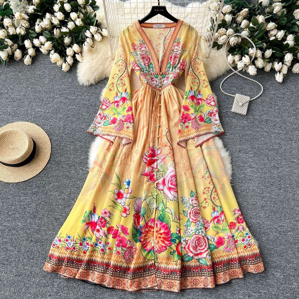 Palace Loudspeaker Long Sleeved High Waist Womens Deep V-neck Single Breasted Slimming Large Hem Printed Dress Floral Dress Temperament Novelty Oversi