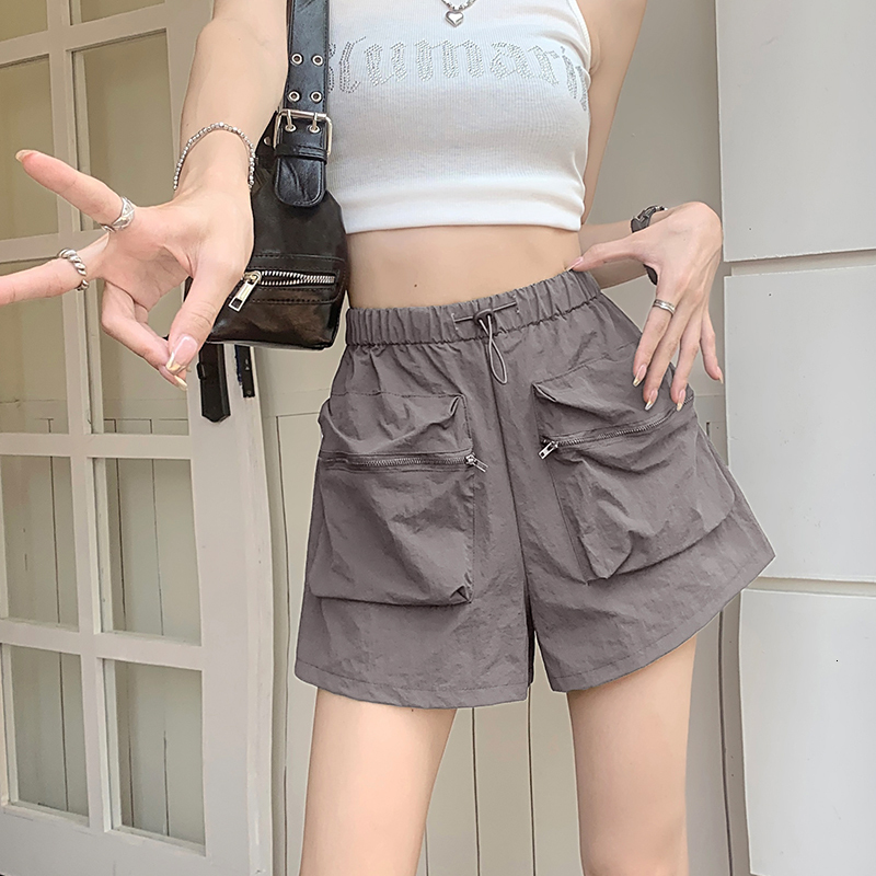 Quick drying American pocket work shorts women's summer thin elastic waist casual for slimming sports wide leg pants