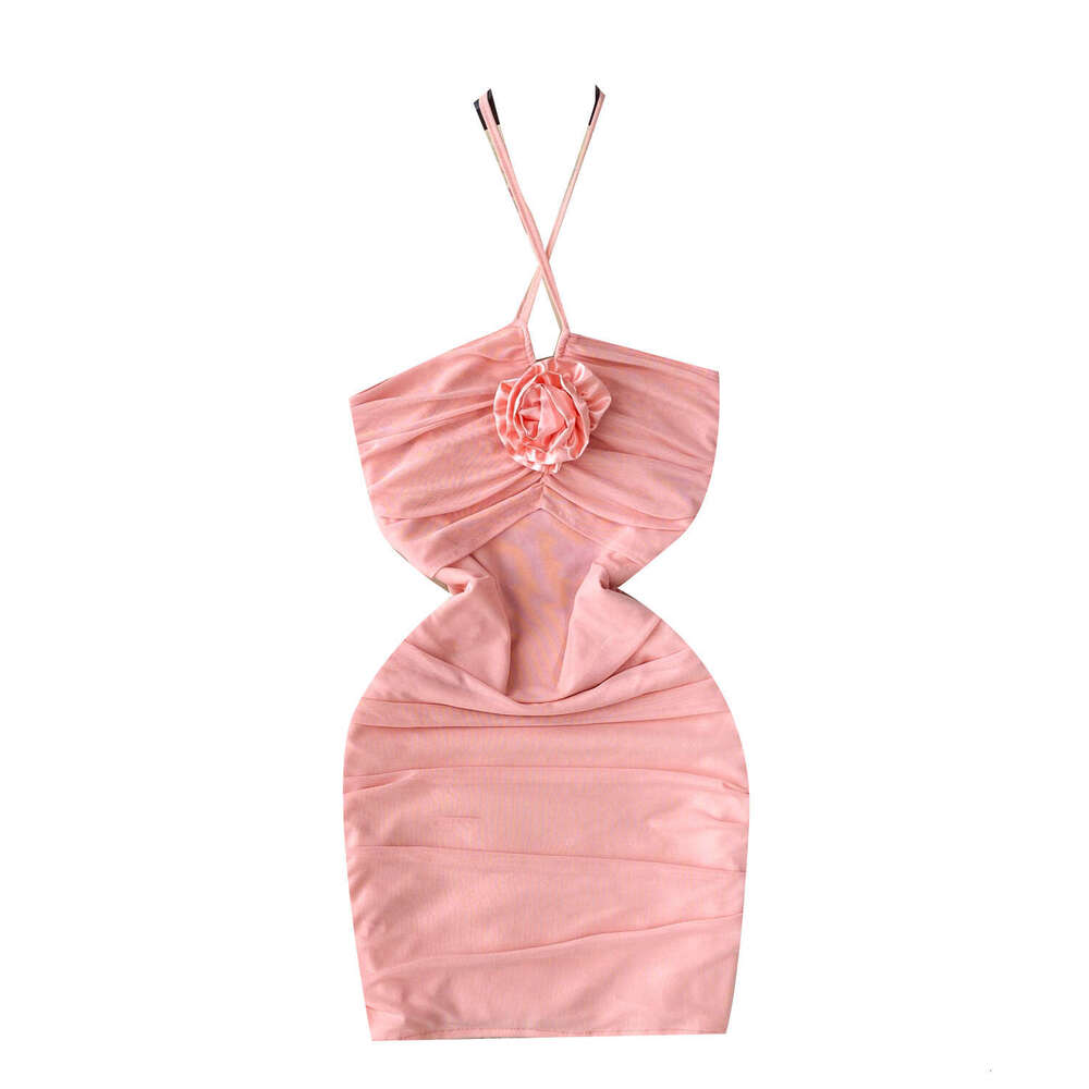 Hanging Neck Dress for Women in Summer, Three-dimensional Flower, Scheming, Pleated, Slim Fitting Style, Sexy Buttocks Wrapped Short Skirt, Trendy Dre