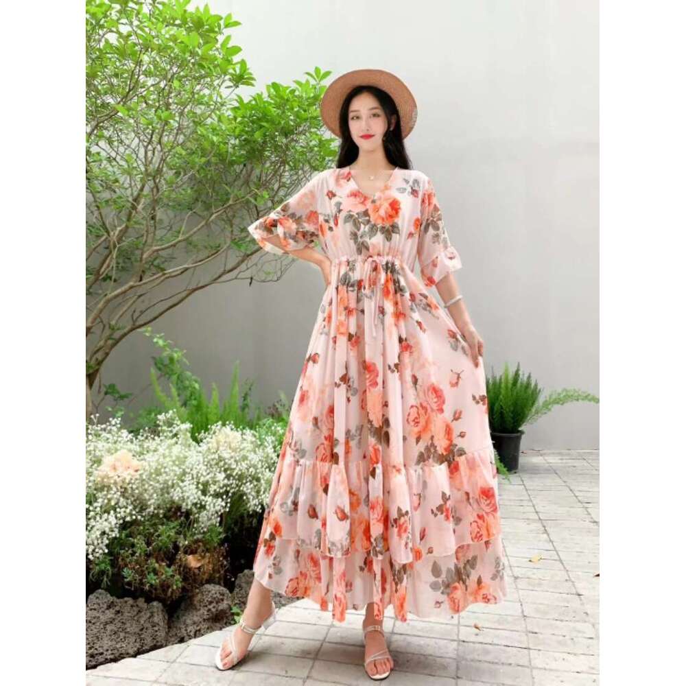 Summer New Ruffle Edge Style Fragmented Flower Slim Fit Waist Slimming Lace Up Chiffon Short Sleeve Long Dress Vacation Oversize Dress Pregnant Womens