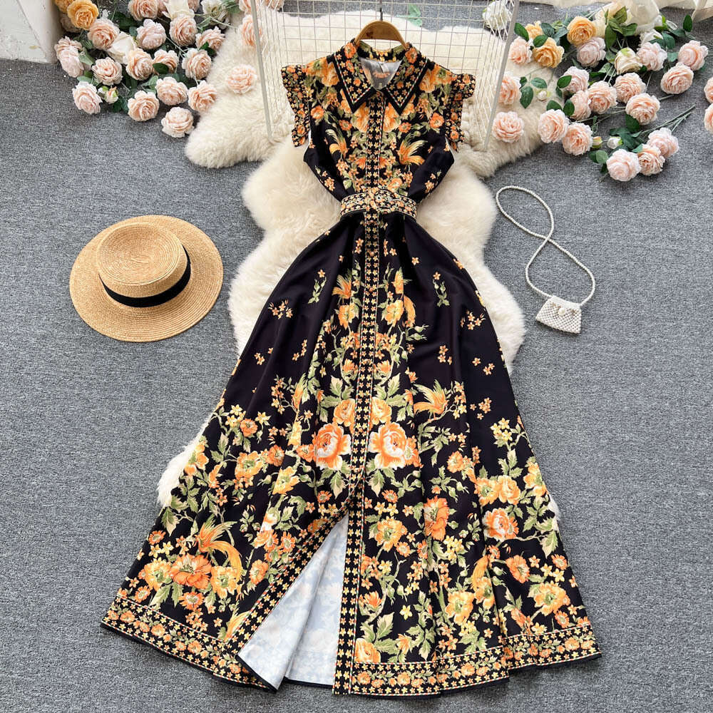 Summer New Short Sleeved Chiffon Printed Womens Fit, Slim Waist, Elegant Goddess Style Vacation Dress Self-cultivation Loose Temperament Denim Dress B