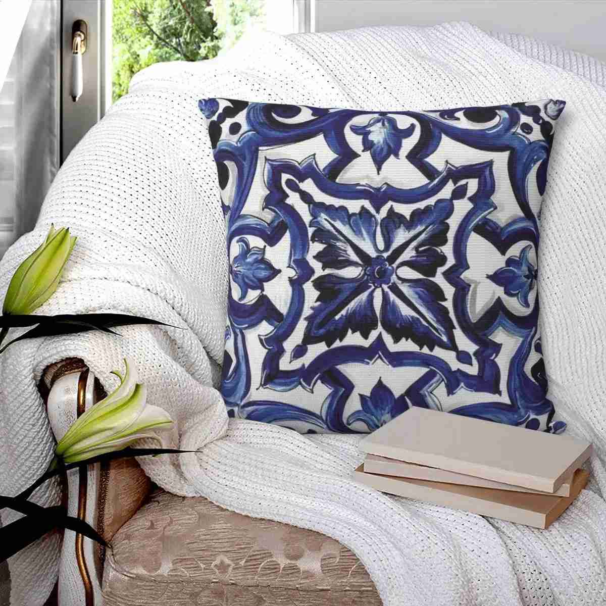 Blue Ornate Floral Mediterranean Sicilian Tile Square pillowcase pillow Cover Cushion Comfort Throw pillow for Home BedroomM240717