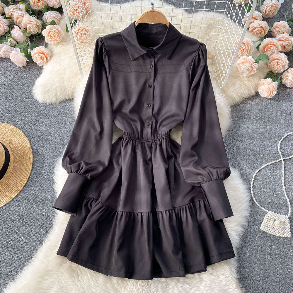 Solid Color, Simple Bubble Sleeves, Temperament, Waist Cinching, Slimming Shirt Skirt, Small Stature, Fashionable and Stylish, Pleated Dress BOHO DRES