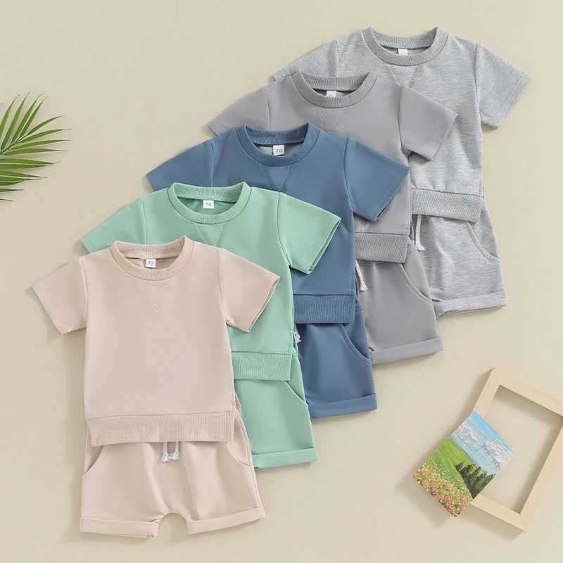 Clothing Sets Infant Baby Boy Summer Sets Short Sleeve Side Slit Solid Color Tops + Elastic Waist Folded Hem Shorts Loose Toddler Outfits
