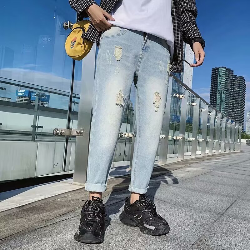 Summer thin cut cropped jeans men's light colored small leg Korean version trendy beggar 9-point pants