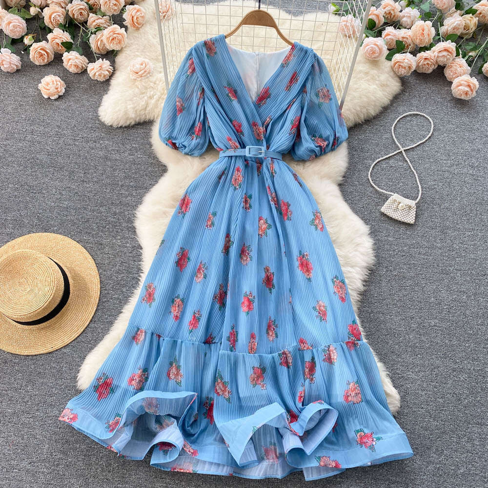 2022 Summer Literary and Ethnic Style Elegance Fragmented Flower Chiffon Dress Womens Waistband Slim A-line Long Skirt Bifurcated Waist Short Sexy Den