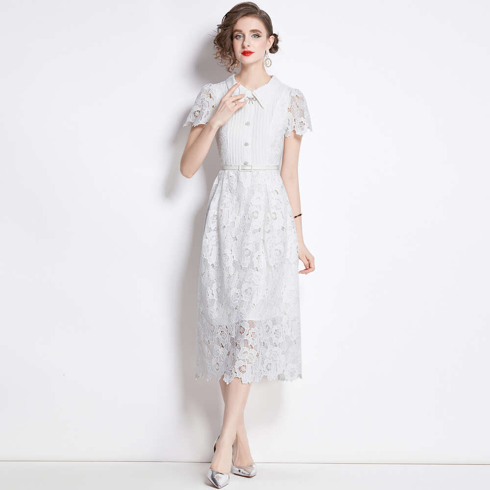 2024 Summer New Celebrity Style French Lace Bubble Sleeves Wrapped Waist White Dress Self-cultivation Temperament Bifurcated Novelty BOHO DRESS Denim 