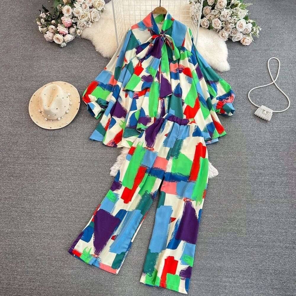 Fashion Womens Korean Version Lantern Long Sleeved Bow Tie Loose Printed Shirt Two-piece Set with High Waisted Wide Leg Pants Round Neck Dress High Wa