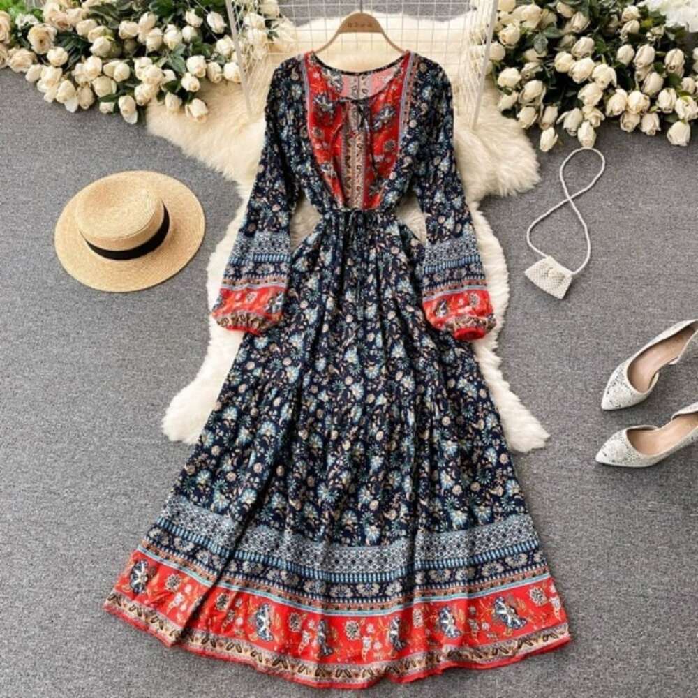 Vacation Floral New Western-style Bubble Sleeved Bohemian Lace Up Waist Long Dress Self-cultivation Loose Sexy Novelty High Waist Dress