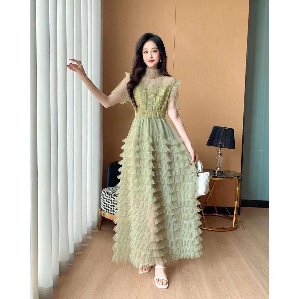 Fashion Leisure Time Popular Summer New Celebrity French Cake Skirt Mesh Spliced and Elegant High Waist Fluffy Dress Fishtail Dress Waist Temperament 