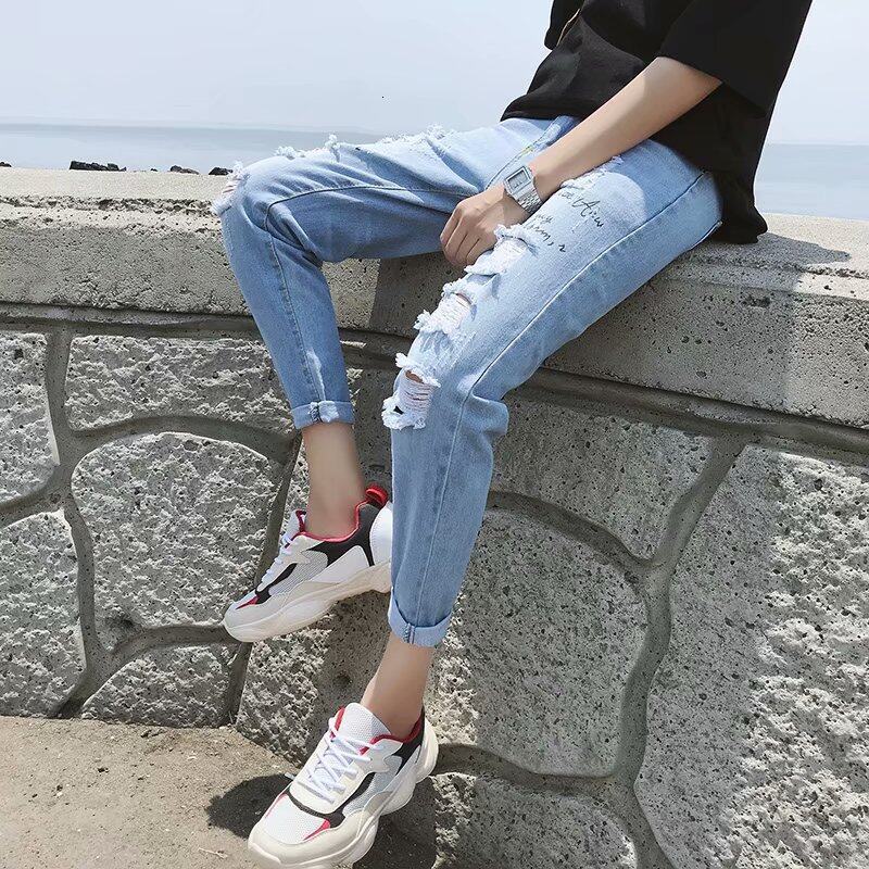 Designer's new men's jeans, Korean slim straight leg pants, classic ripped jeans