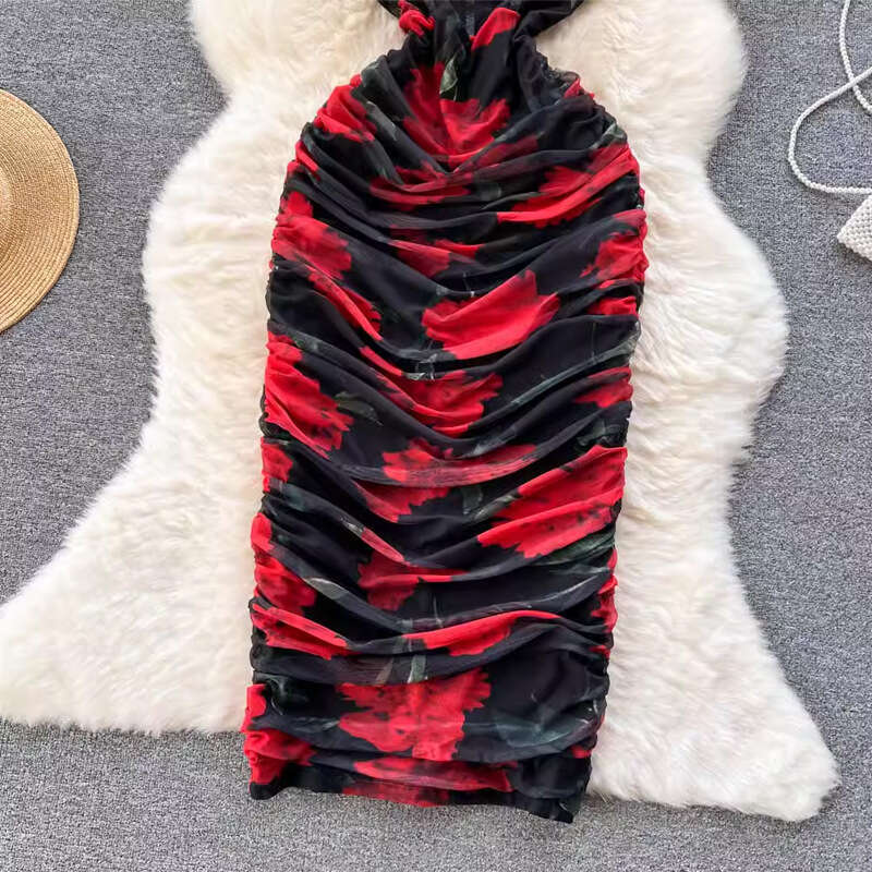 Summer Vacation Style Korean Chic Mesh Chiffon Printed Waistband French Long Dress Short Bifurcated Loose Novelty Self-cultivation SKINNY DRESS Oversi