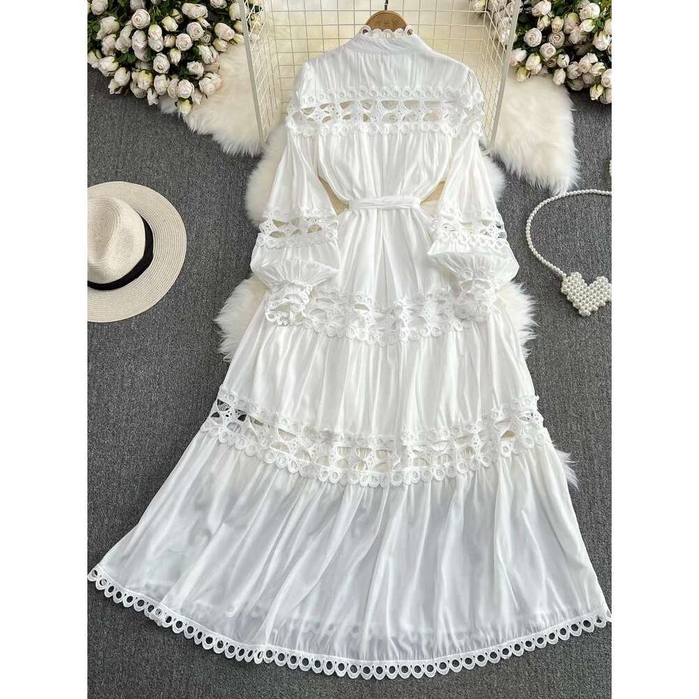 Palace Style Lantern Long Sleeved Stand Up Collar with Waistband Hollowed Out Single Breasted Elegant Dress Waist Self-cultivation Short Loose BOHO DR