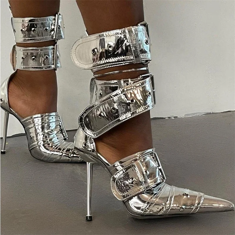 Rivet Denim Buckle Sier Sandals Women's Sexy Punk Style Pointed Metal New Hollow 12cm High Heels Size 34-43 Womens Shoes 8b20