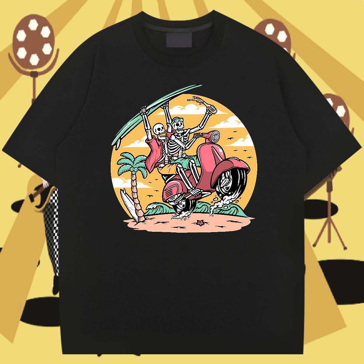 Comfortable Men Tshirts Skeleton 230g Cotton Breathable Crew Neck Hip Hop T Shirts Men Anime Print Casual New Wear