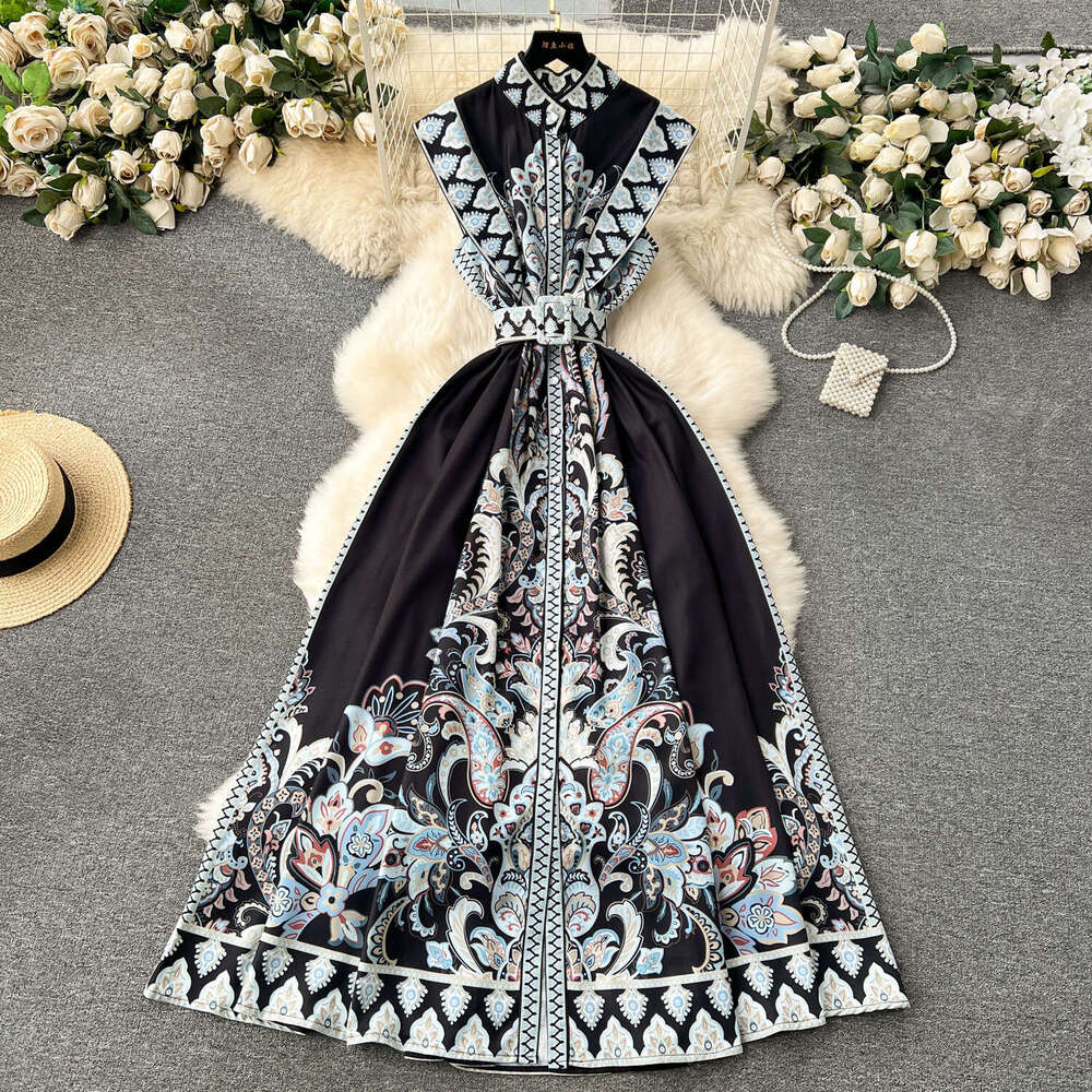 French Haute Couture Socialite Style Dress, Holiday Design, Printed Slim Fit Long Sleeveless Shirt Dress Self-cultivation Bifurcated SKINNY DRESS Lace